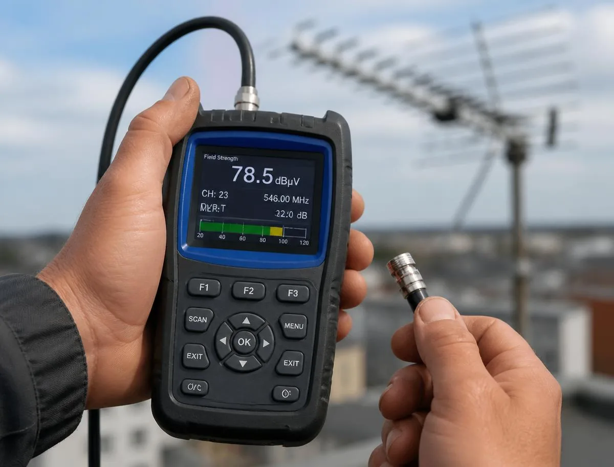 Técnico midiendo la señal de TDT con medidor de campo en una antena de Barcelona