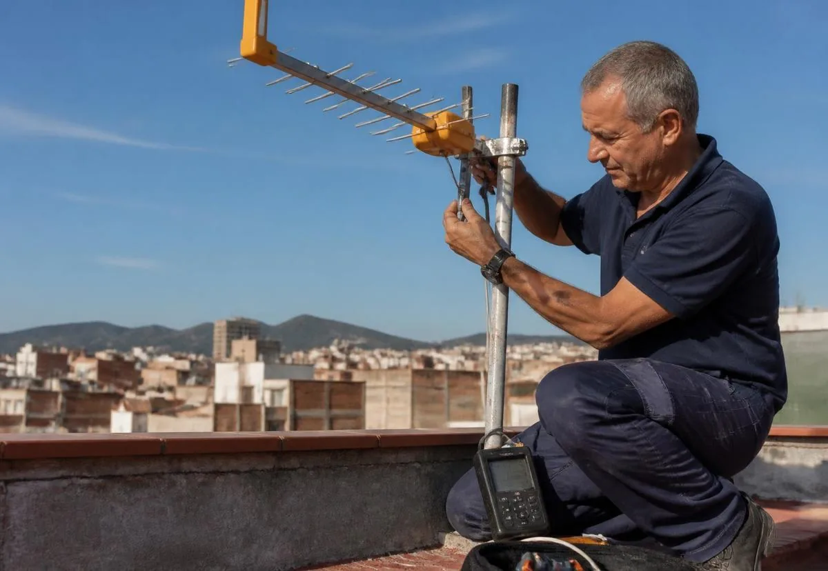 Técnico ajustando una antena de TDT en una azotea de Barcelona con medidor de campo