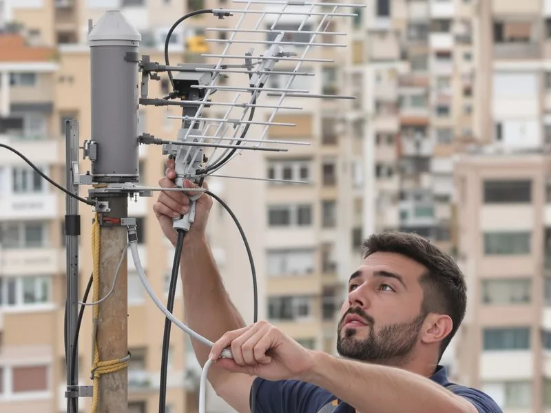 Reparación de una antena de televisión en una azotea de Barcelona